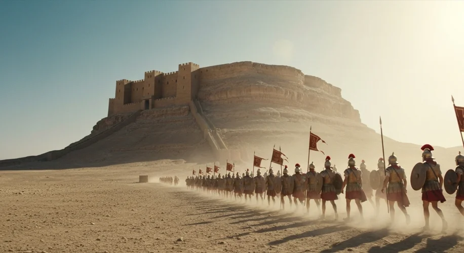 A Roman legion marching across a desert landscape towards a towering, flat-topped mesa fortress unde