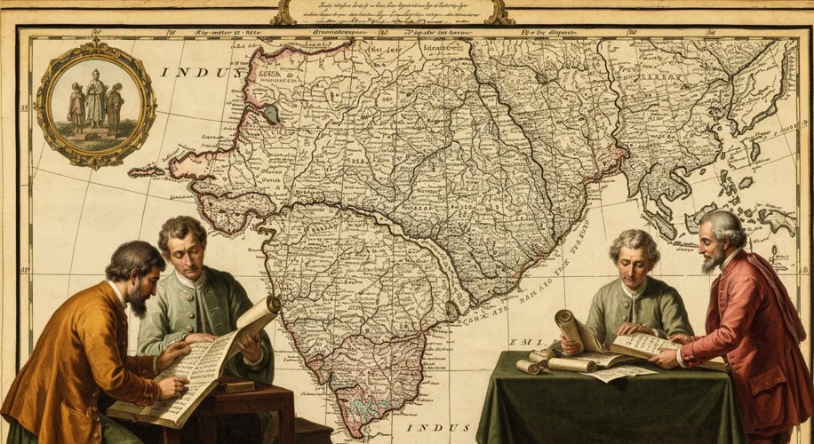 An antique map of India with the Indus River highlighted, overlaid with scholars in 18th-century att