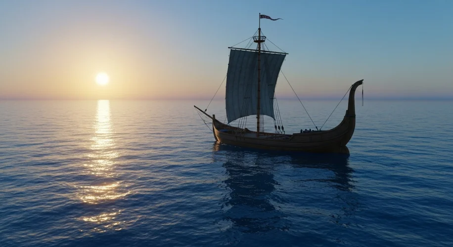 A Phoenician merchant ship with a single square sail and a high stern, navigating across a blue Medi