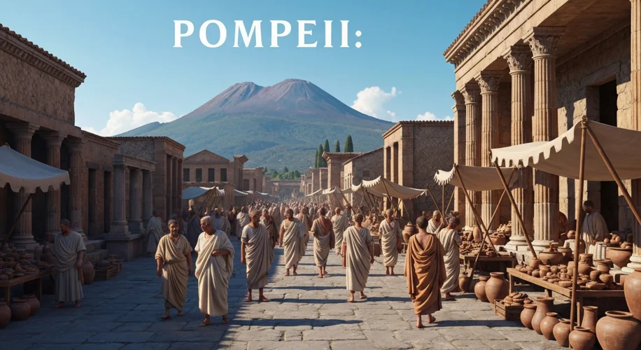 A vibrant street scene in ancient Pompeii, bustling with people in togas, market stalls, and Roman a