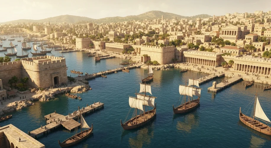 An ancient Philistine city on the coast, with ships in the harbor and stone buildings, reminiscent o
