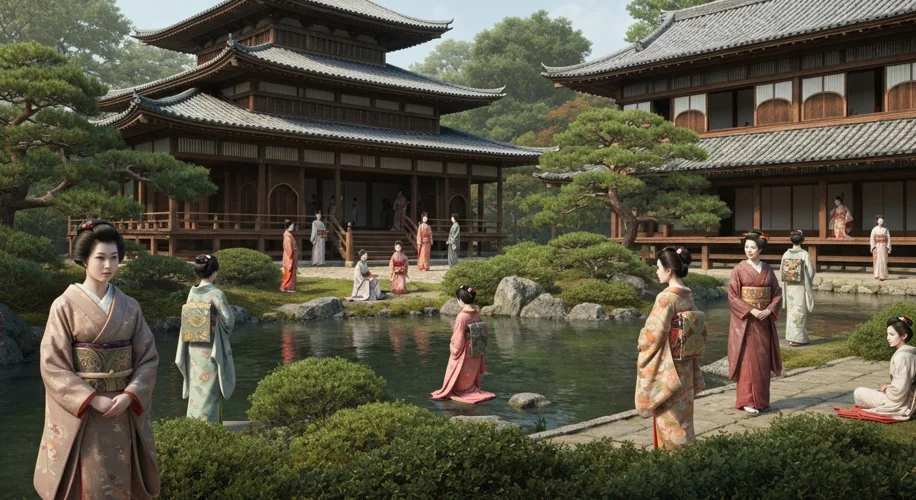 A serene Japanese garden with a traditional wooden palace in the background. Several elegant women i