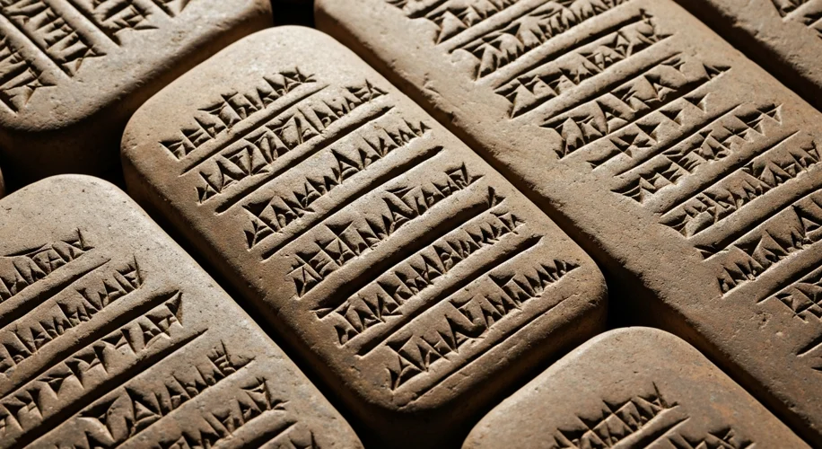 A close-up of ancient cuneiform tablets, showcasing intricate wedge-shaped markings on clay.