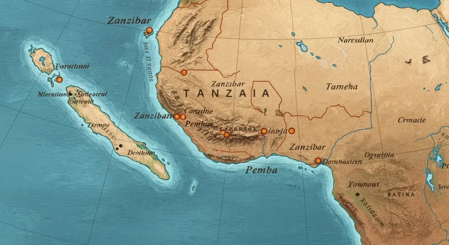 A map of East Africa highlighting the islands of Zanzibar and Pemba, with Tanzania prominently displ