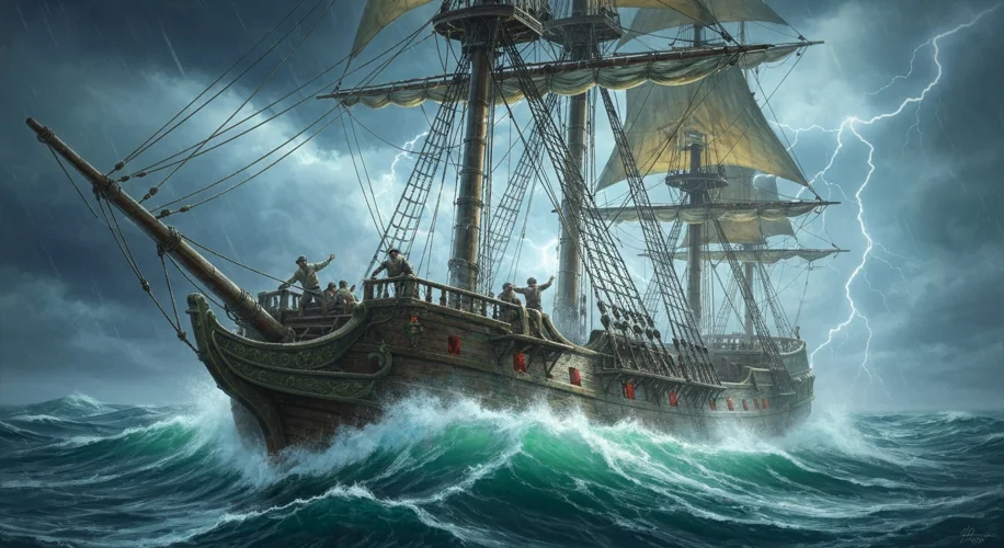 A dramatic painting of a 19th-century Spanish treasure galleon caught in a violent storm in the Cari