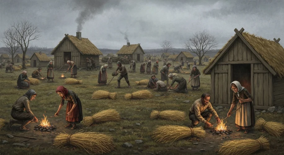 A somber depiction of a European village during the Year Without a Summer, showing thin, desperate p