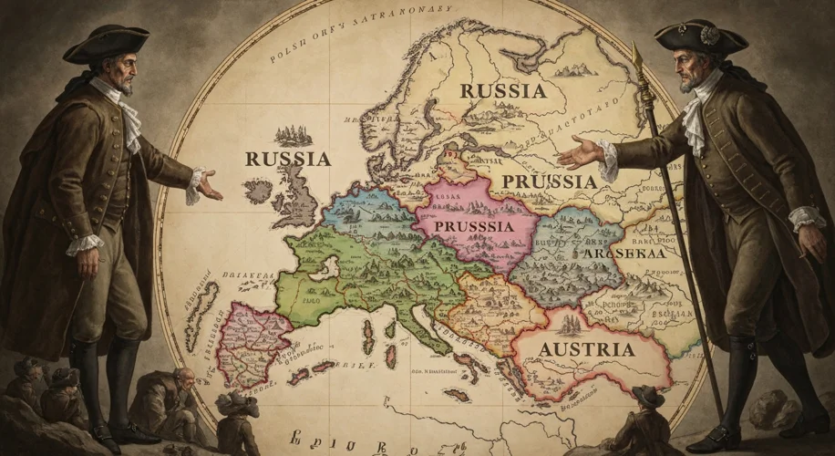 A 18th-century map of Europe showing the Polish-Lithuanian Commonwealth significantly reduced after 