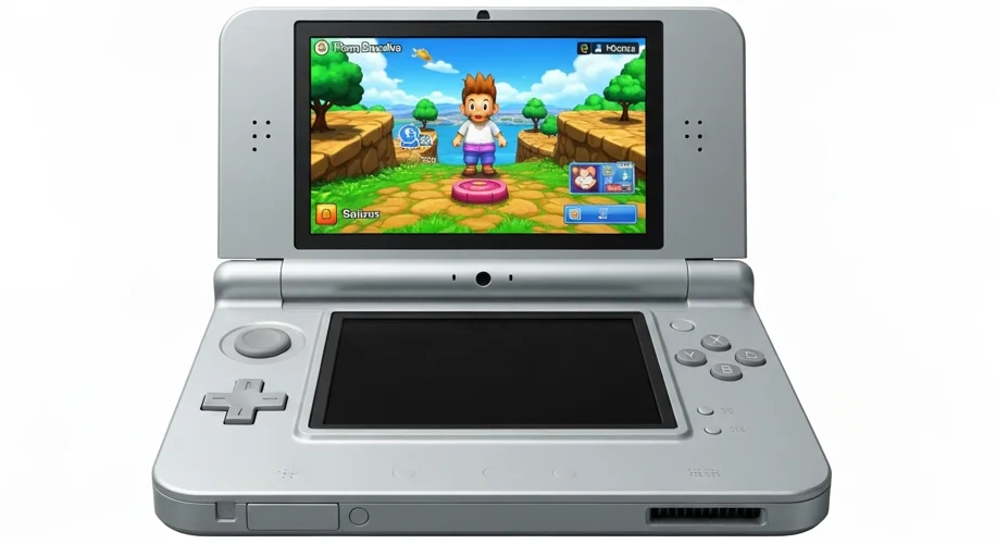 A Nintendo DS console open, displaying a game on the top screen and touch controls on the bottom scr
