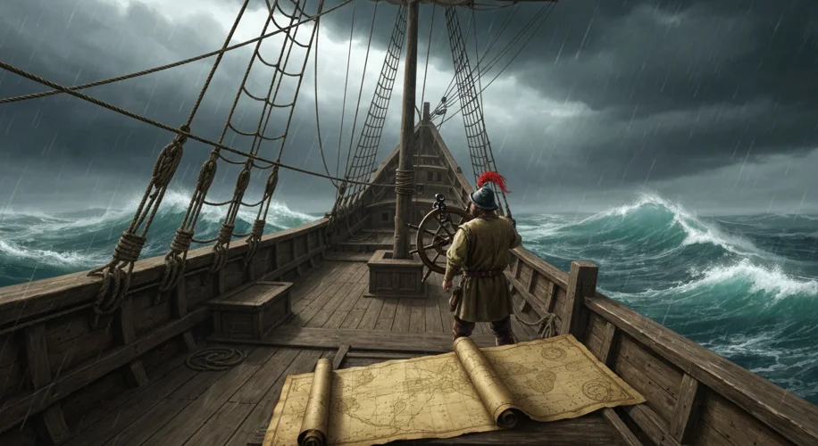 A 15th-century caravel sailing on a stormy sea, with a sextant visible on deck and a partially unrol