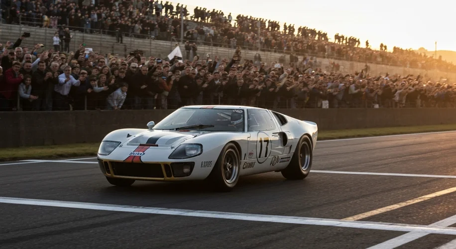 A vibrant color photograph of the Ford GT40 Mk II with the iconic racing livery, crossing the finish