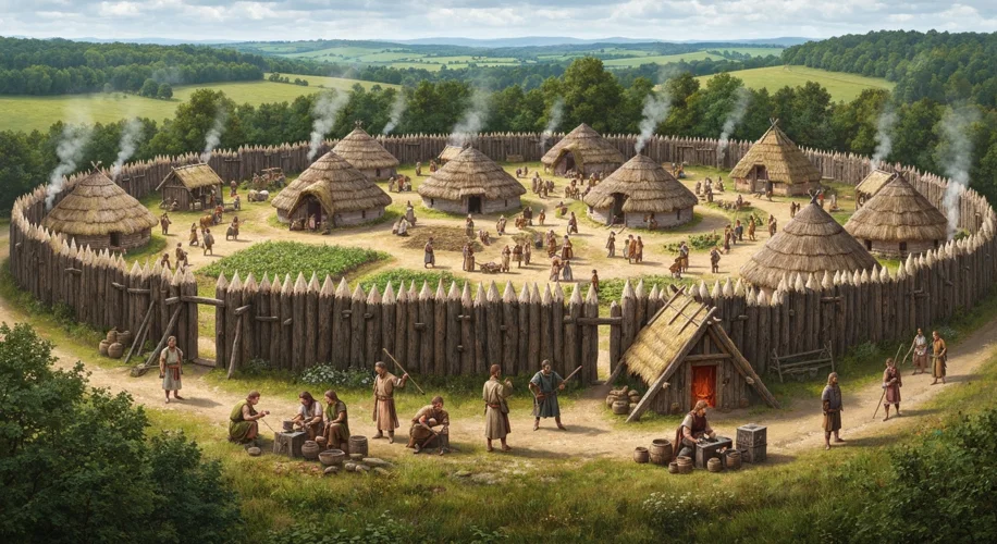 A panoramic view of a bustling Celtic hillfort in Central Europe during the Iron Age, showing wooden