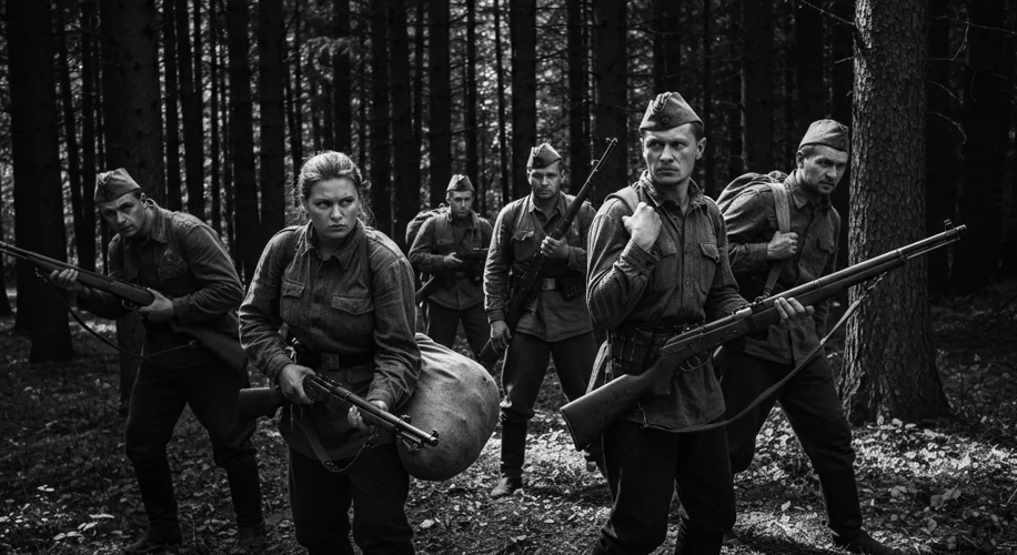A black and white photograph of a group of determined Soviet partisans, armed with rifles and carryi