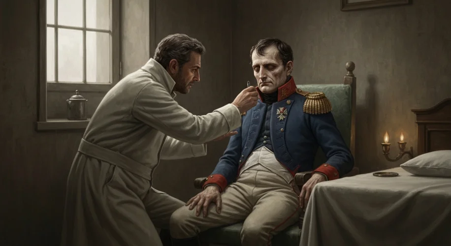 A historical illustration depicting Napoleon Bonaparte looking frail and ill, possibly in bed or sea