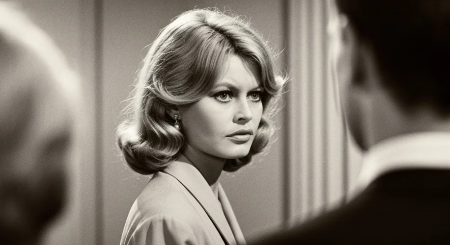Brigitte Bardot in a stylish 1950s French film scene, exuding charisma and a hint of rebellious spir