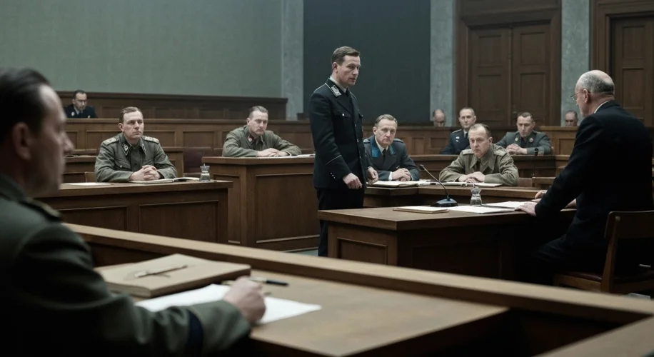 A tense courtroom scene at the Nuremberg Trials. Defendants in the dock look grim, while prosecutors