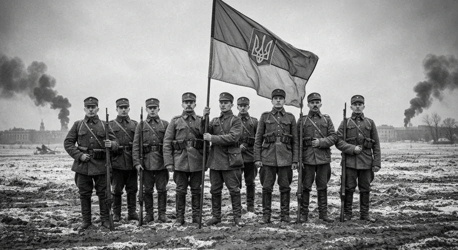 A black and white photograph of Ukrainian soldiers from the early 20th century, standing proudly wit
