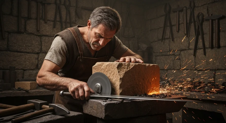 An ancient Celtic blacksmith meticulously grinding a sword blade with a large sandstone block, spark