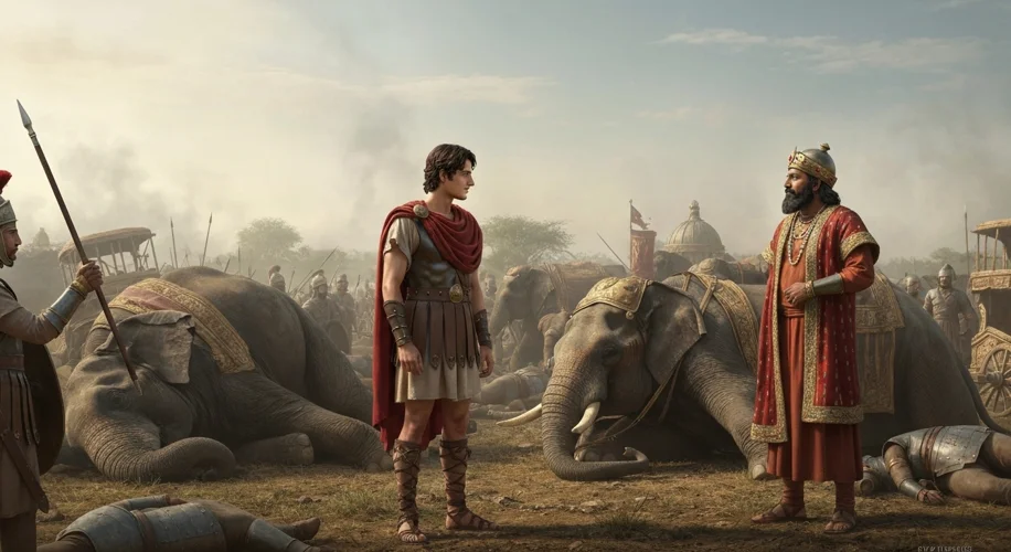 Alexander the Great meeting the defeated King Porus, with both leaders showing respect for each othe
