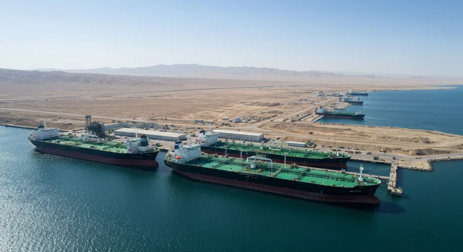 An aerial view of a modern oil terminal on the Caspian Sea with tankers docked, under a clear sky. I