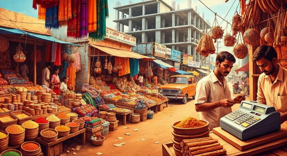 A visual representation of India in the early 1990s, with a mix of traditional elements and nascent 