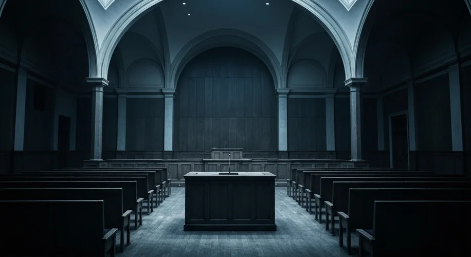 A dimly lit courtroom in the International Criminal Court, with a wooden witness stand and rows of e