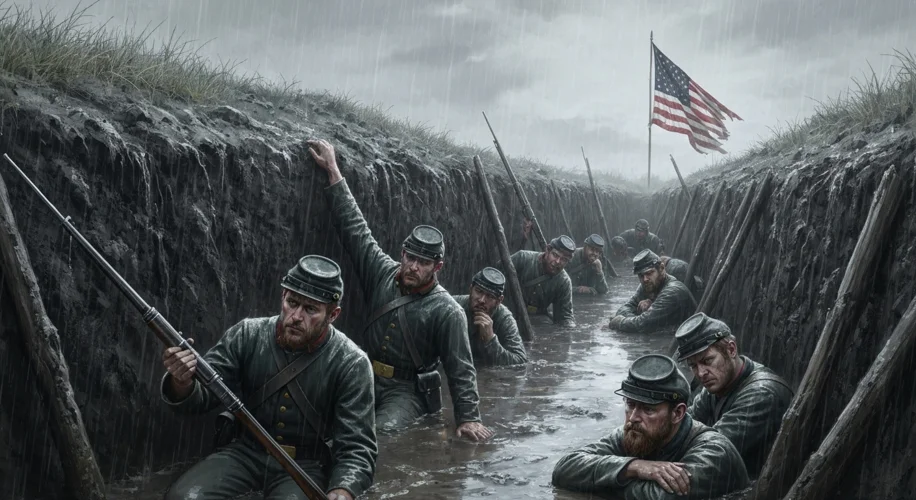 A somber depiction of Civil War soldiers in a muddy trench, rain falling, with exhausted expressions