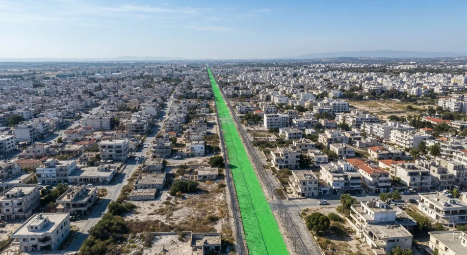 A stark aerial view of the divided city of Nicosia, Cyprus, showing the UN buffer zone (Green Line) 