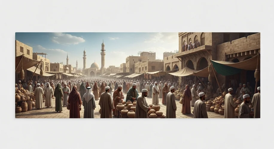 A medieval Islamic city scene in Gaza, with a bustling marketplace, minarets in the distance, and tr