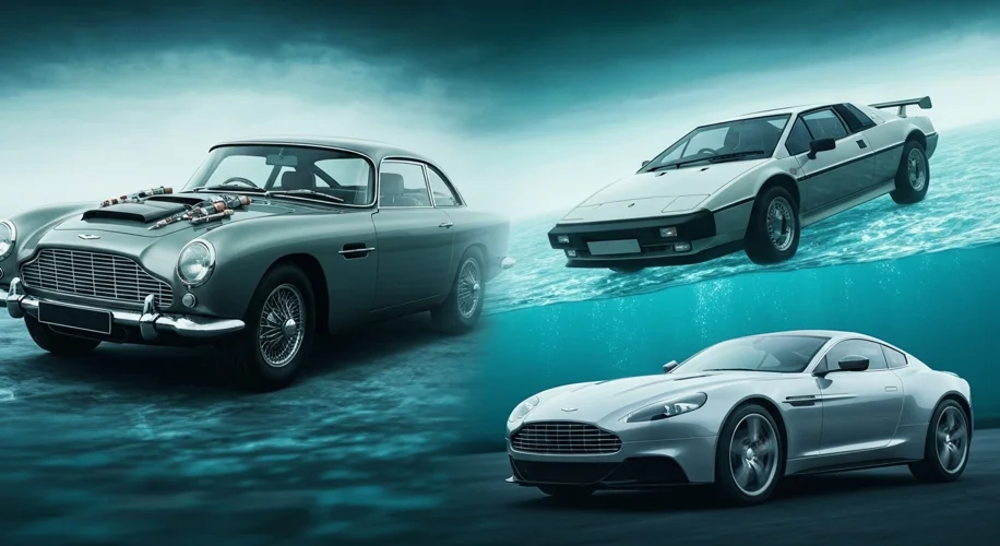 A montage of iconic James Bond vehicles, including the Aston Martin DB5, a Lotus Esprit submarine ca
