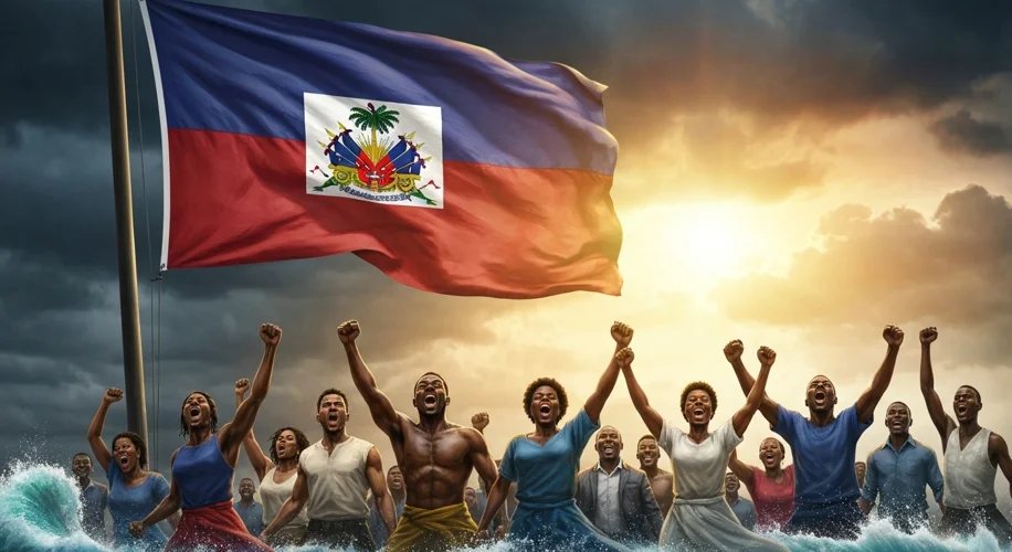 A depiction of the Haitian flag being raised for the first time, symbolizing the birth of the free r