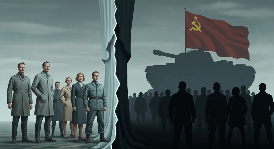 A stark, high-contrast image of the Iron Curtain dividing Europe. On one side, a group of Nordic fig