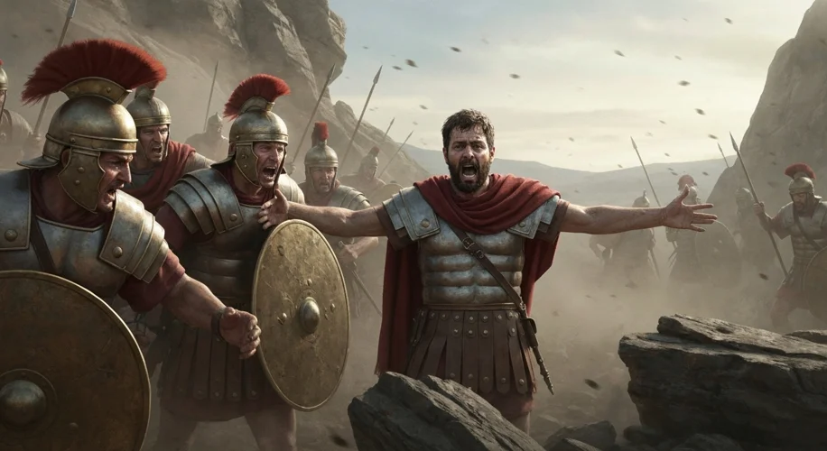 A dramatic scene of Roman soldiers surrounding and attacking their legate, Titus Labienus, amidst th