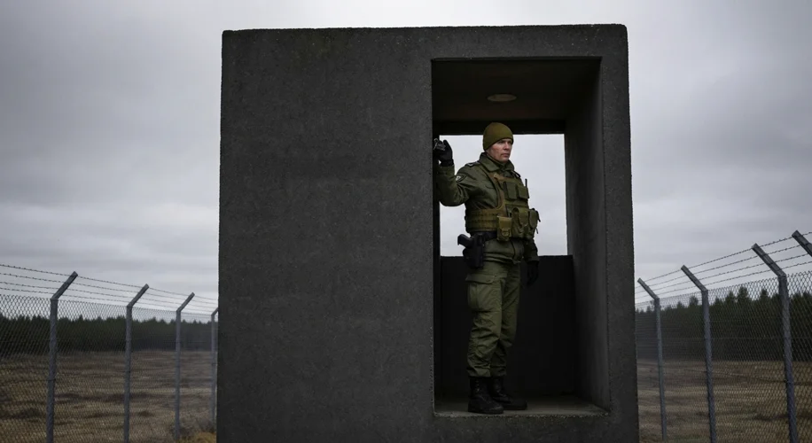 An Estonian border guard in a watchtower, looking out over a fence towards a sparse, forested landsc