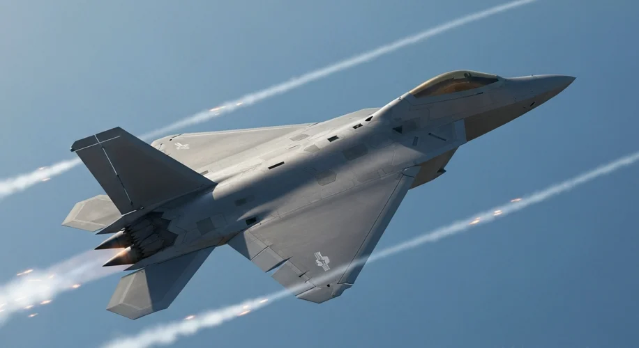 A dramatic image of an F-22 Raptor fighter jet performing a high-G maneuver, with subtle heat trails