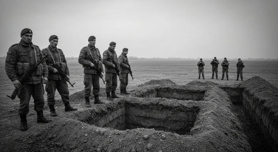 A somber, black and white photograph of Bosnian Serb soldiers standing guard over a mass grave, with