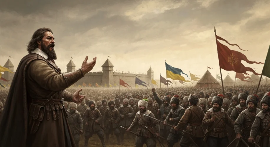 A dramatic depiction of a Cossack leader, Bohdan Khmelnytsky, addressing his troops, with a backdrop