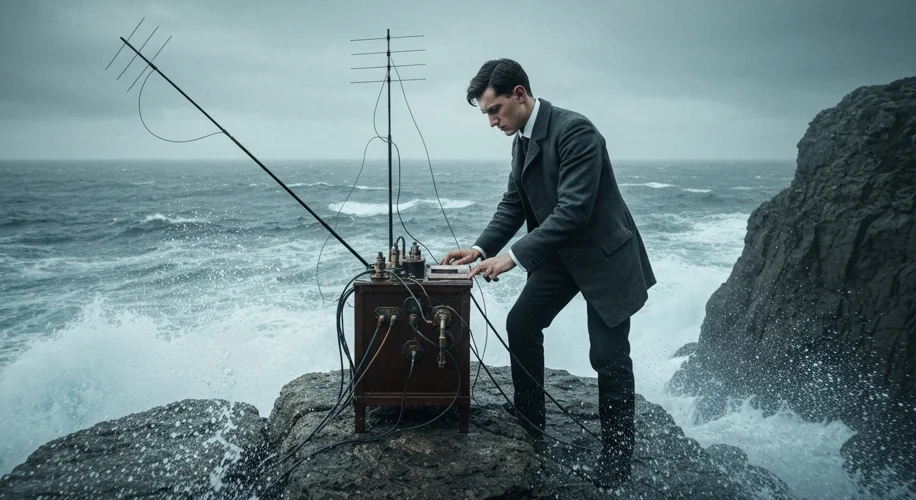 Guglielmo Marconi, a young, determined Italian inventor, standing on a windswept cliff overlooking t