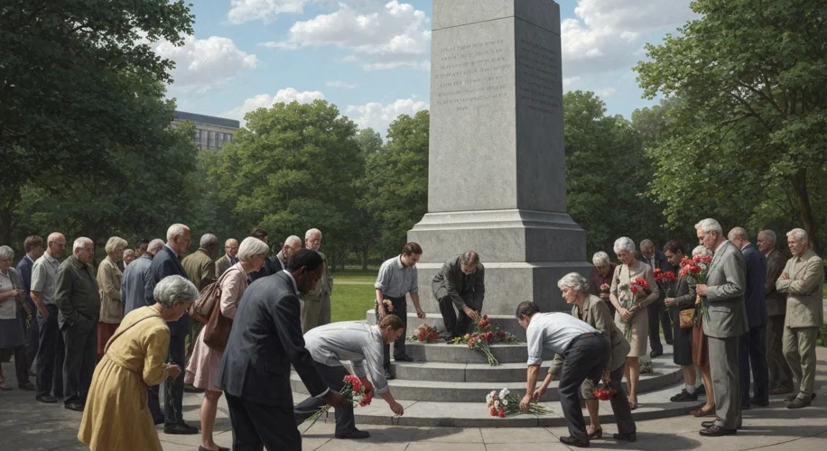 A diverse group of people of various ages and ethnicities gathered around a solemn, imposing war mem