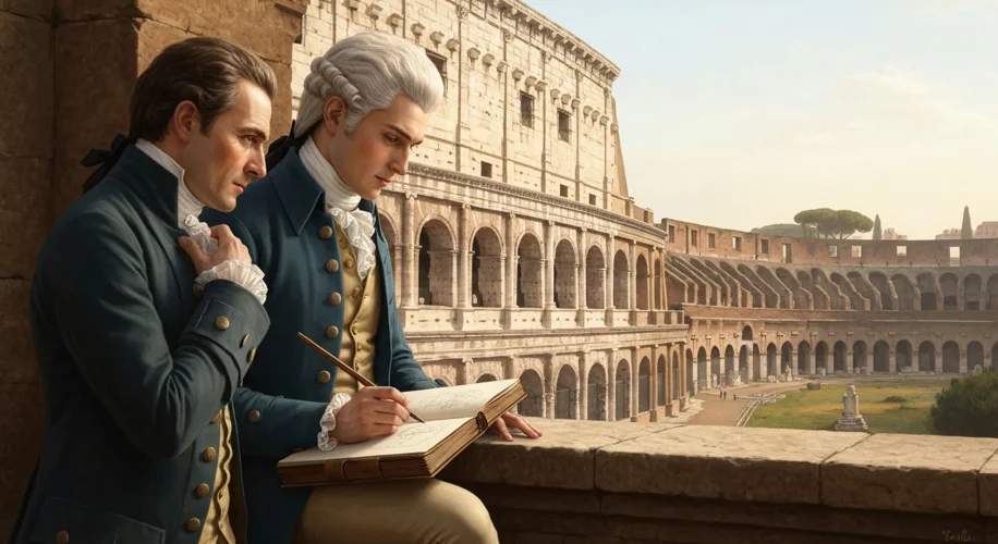 A young aristocratic man in 18th-century attire, accompanied by his tutor, gazing at the Colosseum i