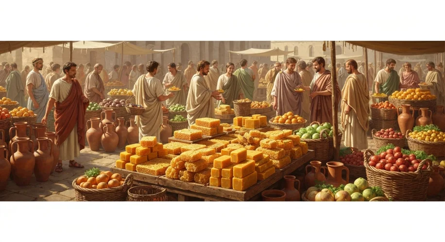 A bustling Roman market scene with stalls laden with goods, including amphorae of wine, baskets of p