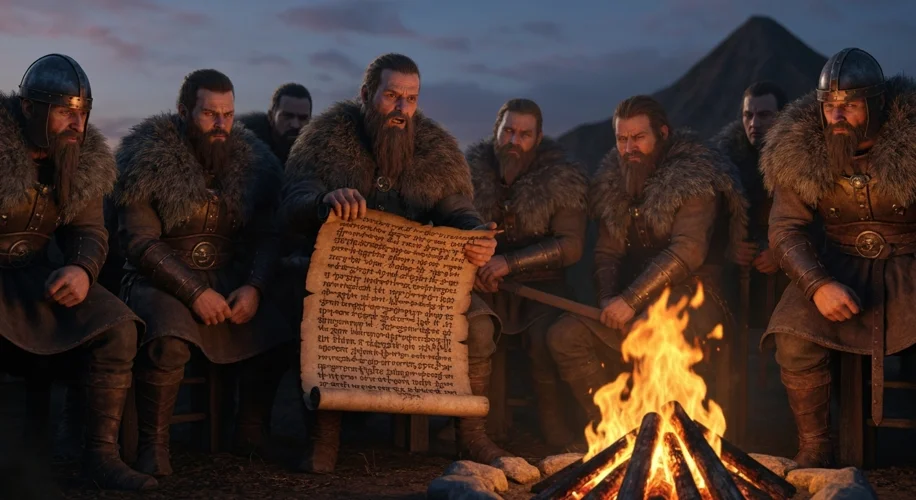 A depiction of ancient Goths, clad in furs and leather armor, gathered around a campfire, listening 
