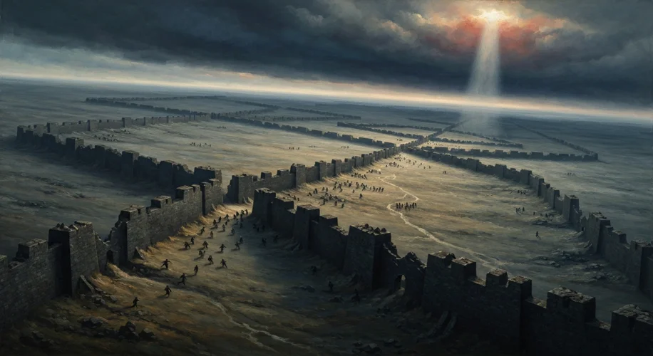 A somber depiction of the partitions of Poland in the late 18th century, with Russia, Prussia, and A