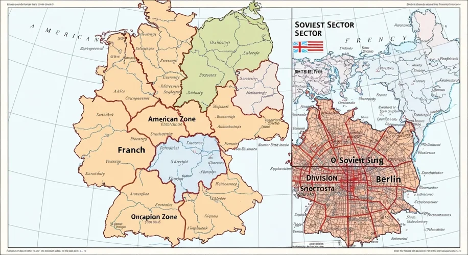 A map of post-WWII Germany showing the four occupation zones: American, British, Soviet, and French 