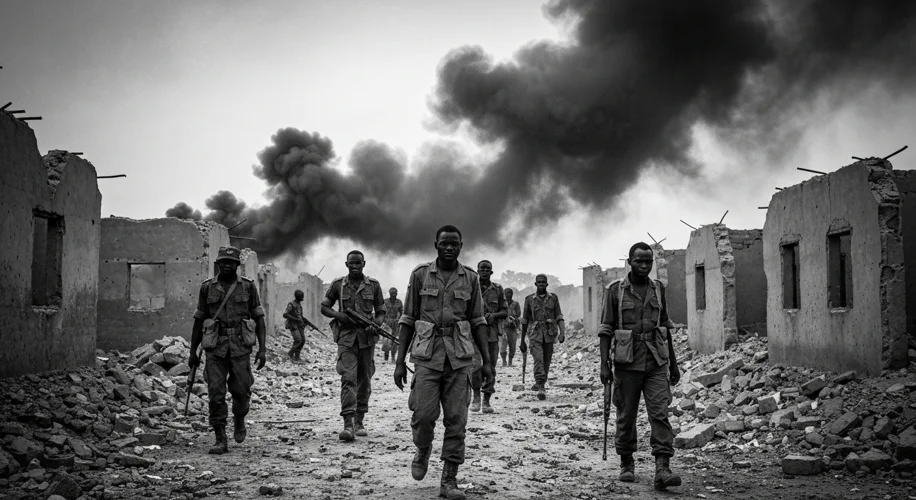 A black and white photograph depicting Nigerian federal soldiers advancing through a devastated vill