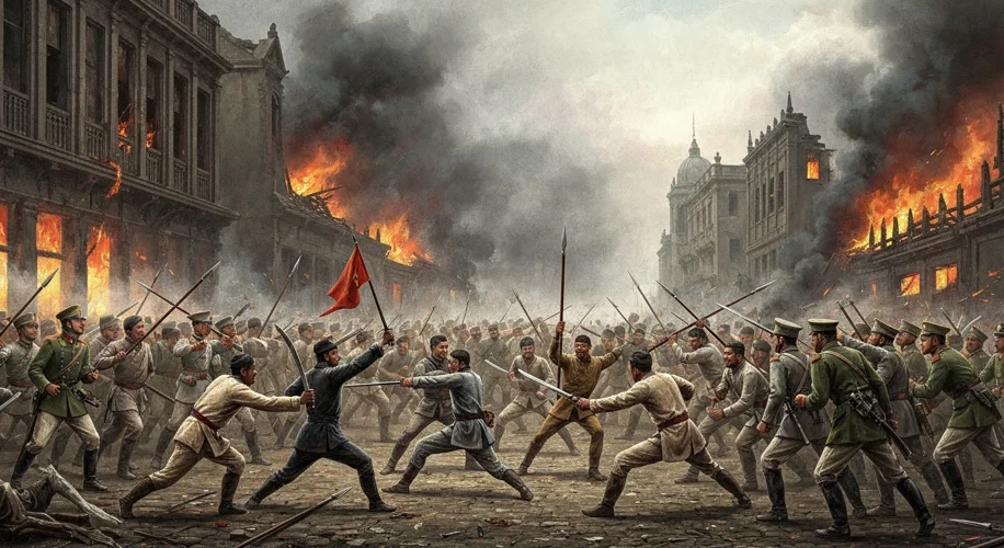 A dramatic scene from the Boxer Rebellion: Chinese 'Boxers' armed with swords and spears, some in tr