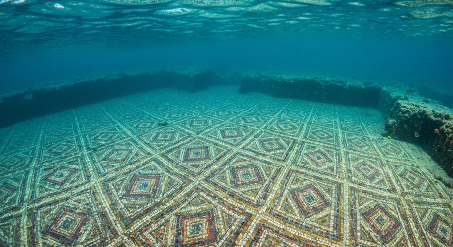 A mosaic floor of an ancient Roman villa discovered underwater, with vibrant tesserae still visible 