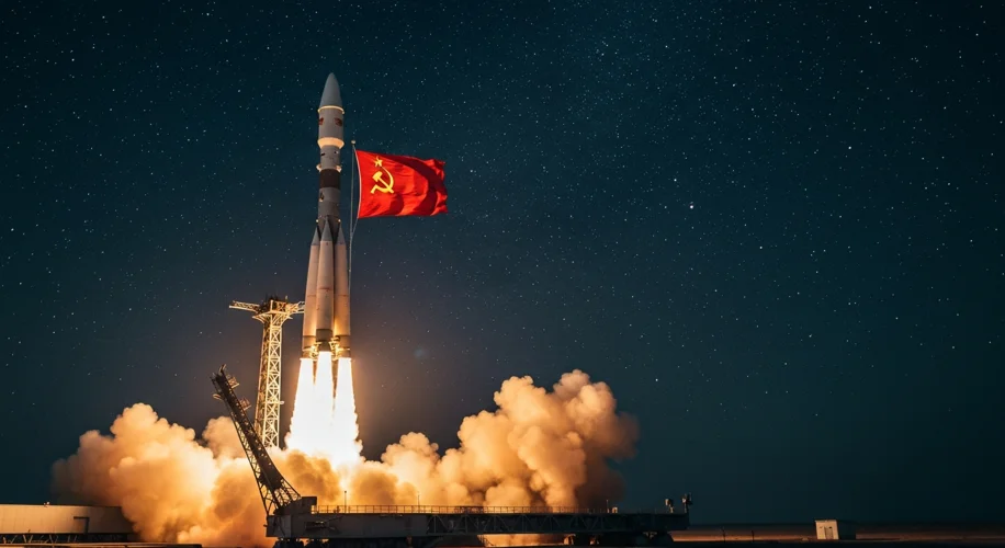 A vintage photograph of a Soviet Soyuz rocket launching from Baikonur Cosmodrome, with the Soviet fl