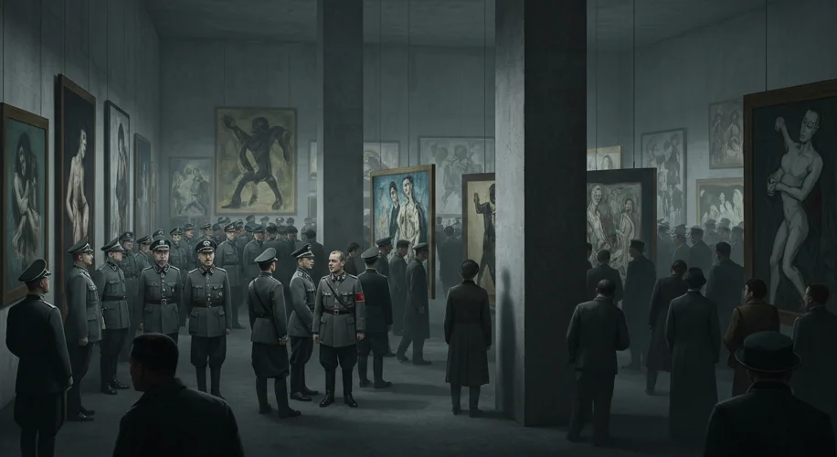 A crowded, dimly lit exhibition hall in Munich, 1937. Nazi officials in uniform stand near paintings