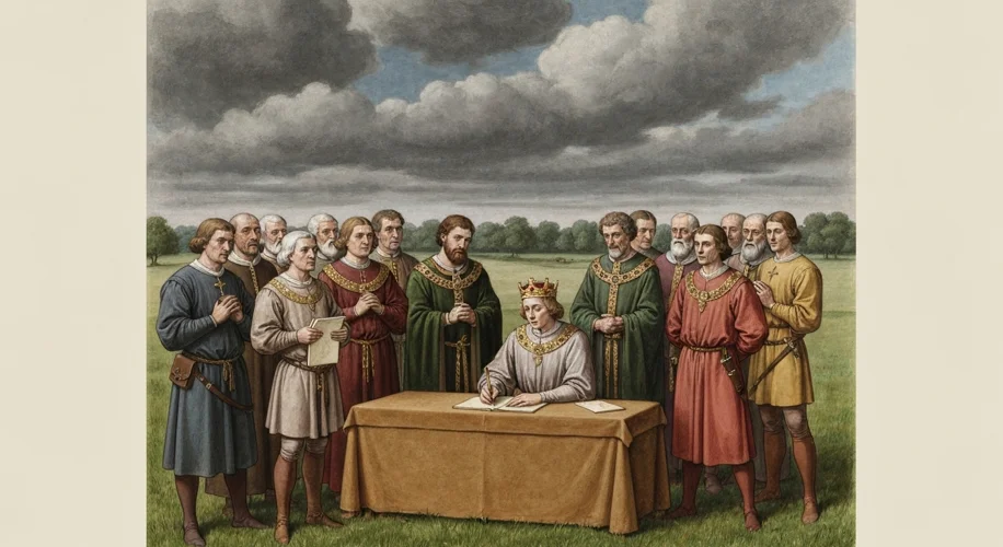 A medieval illustration depicting King John of England reluctantly signing the Magna Carta at Runnym