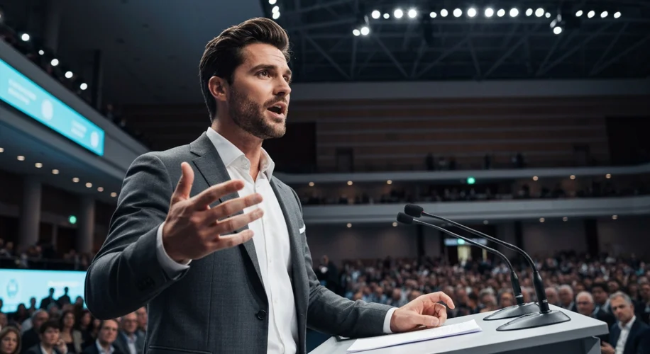 Greta Thunberg speaking passionately at a podium in front of a large crowd of young people holding c